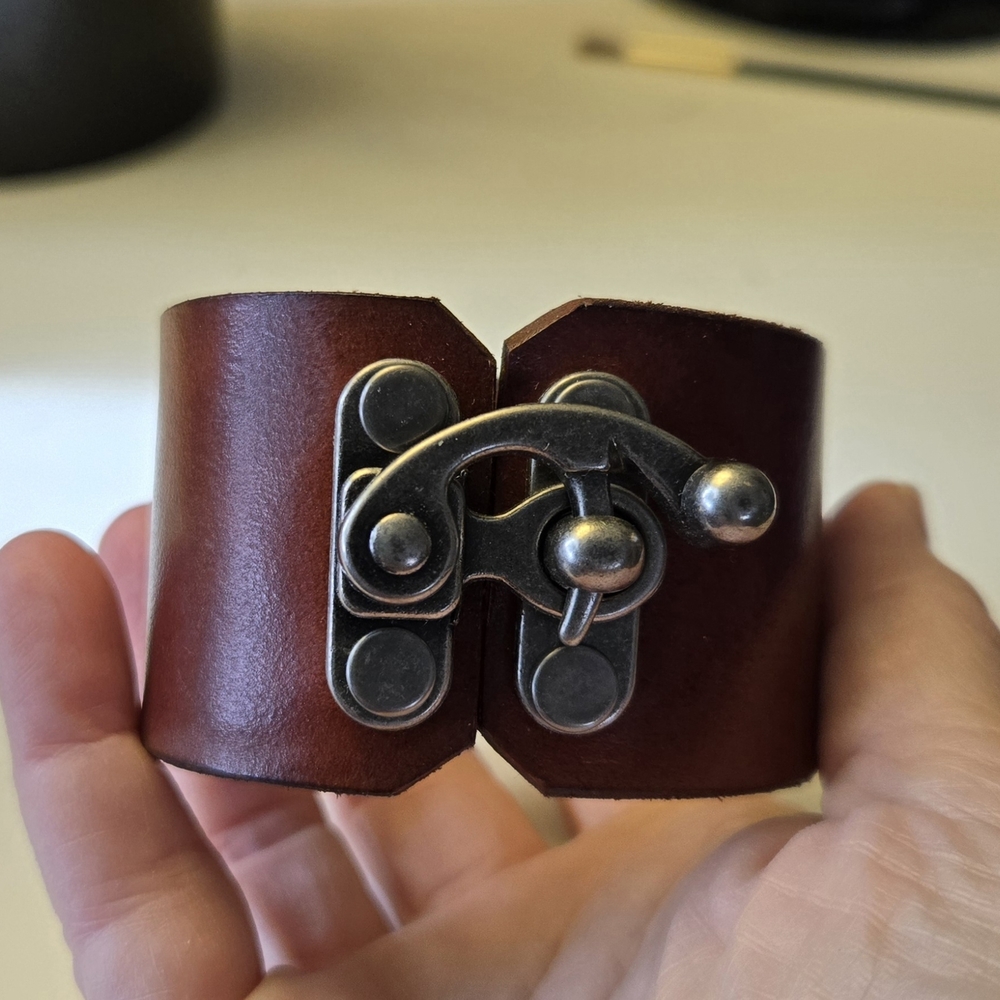 Artisan brown Leather Bracelet with metal clasp hardware